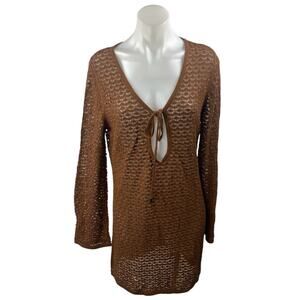 NEW Anrabess Brown Long Sleeve Open Knit Keyhole Beach Cover Up Dress Size S